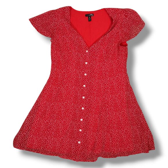 Aqua Button Front Mini Dress Size L Polka Dot Fit Flare Skater Flutter Sleeve - Picture 14 of 14